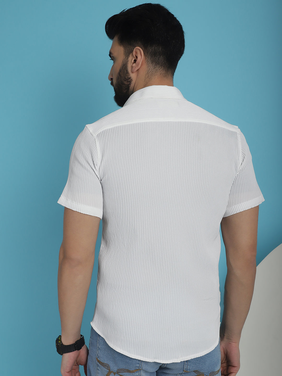 Indian Needle Men's Striped Half Sleeve Casual Shirt - White