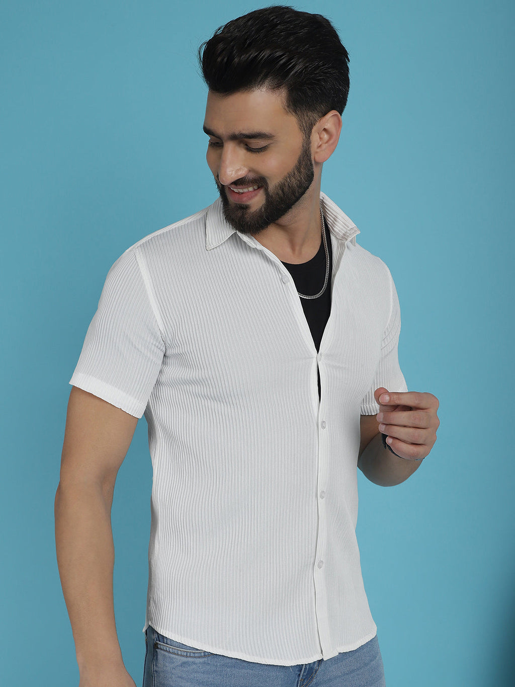 Indian Needle Men's Striped Half Sleeve Casual Shirt - White