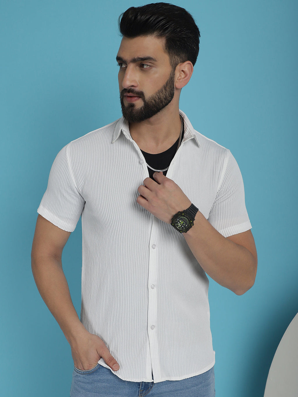 Indian Needle Men's Striped Half Sleeve Casual Shirt - White
