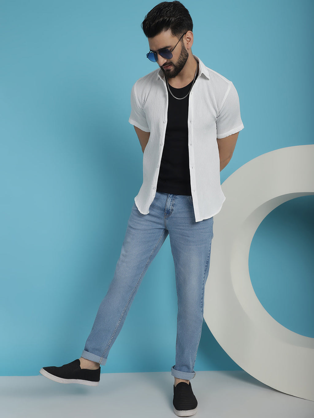 Indian Needle Men's Striped Half Sleeve Casual Shirt - White