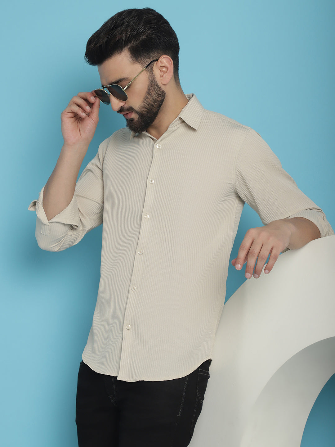 Indian Needle Men's Striped Casual Shirt - Cream