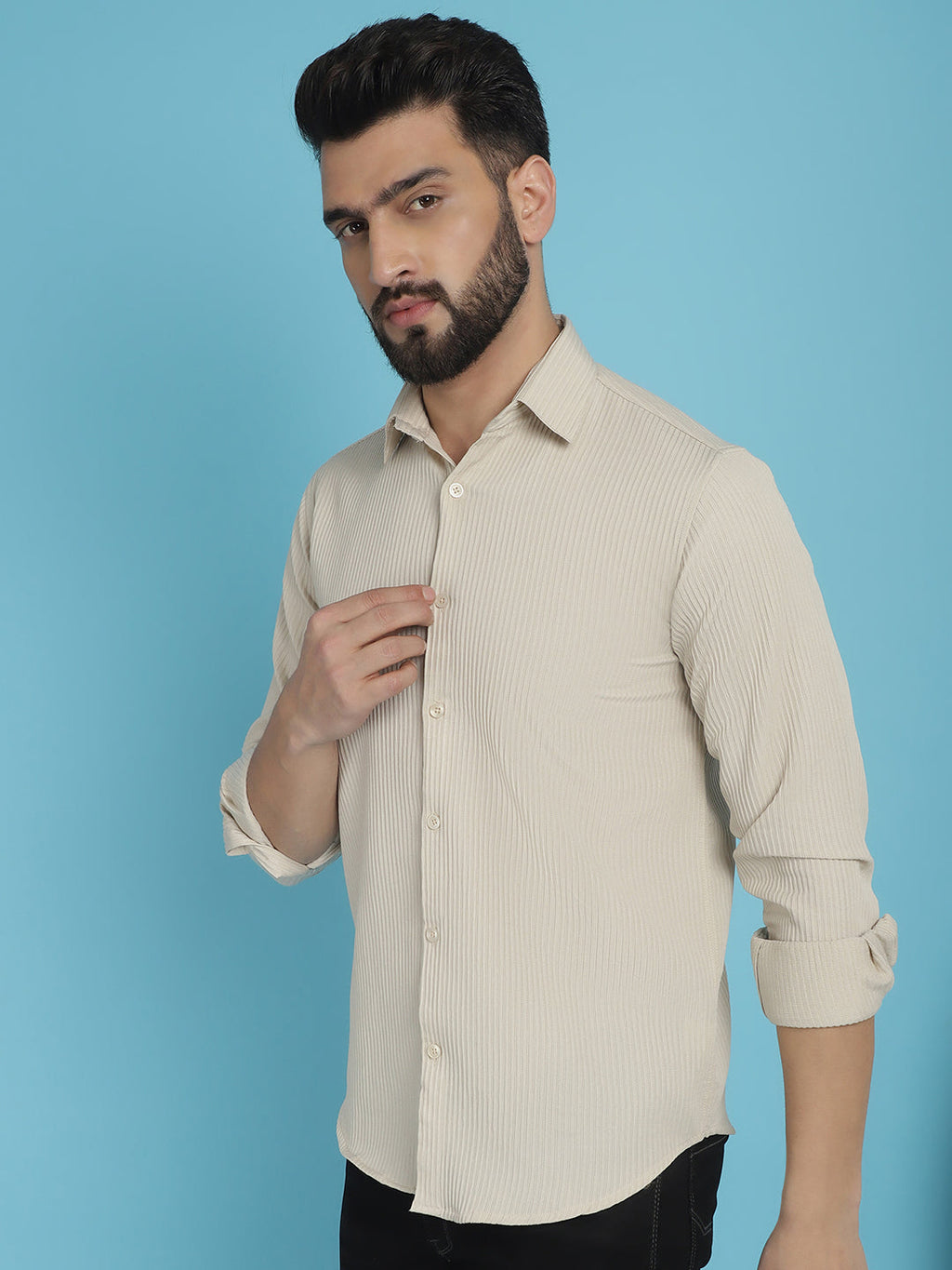 Indian Needle Men's Striped Casual Shirt - Cream
