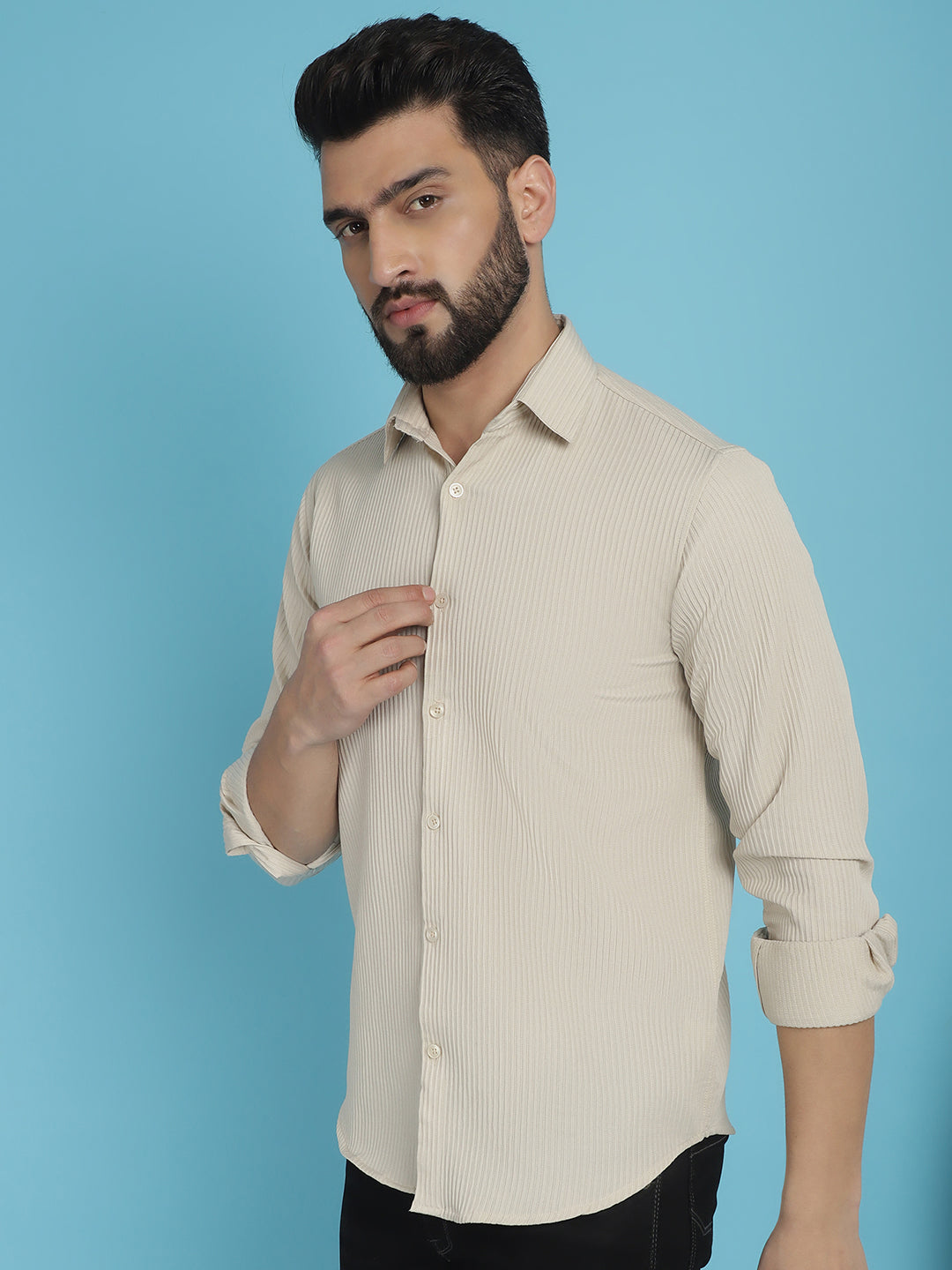 Indian Needle Men's Striped Casual Shirt - Cream