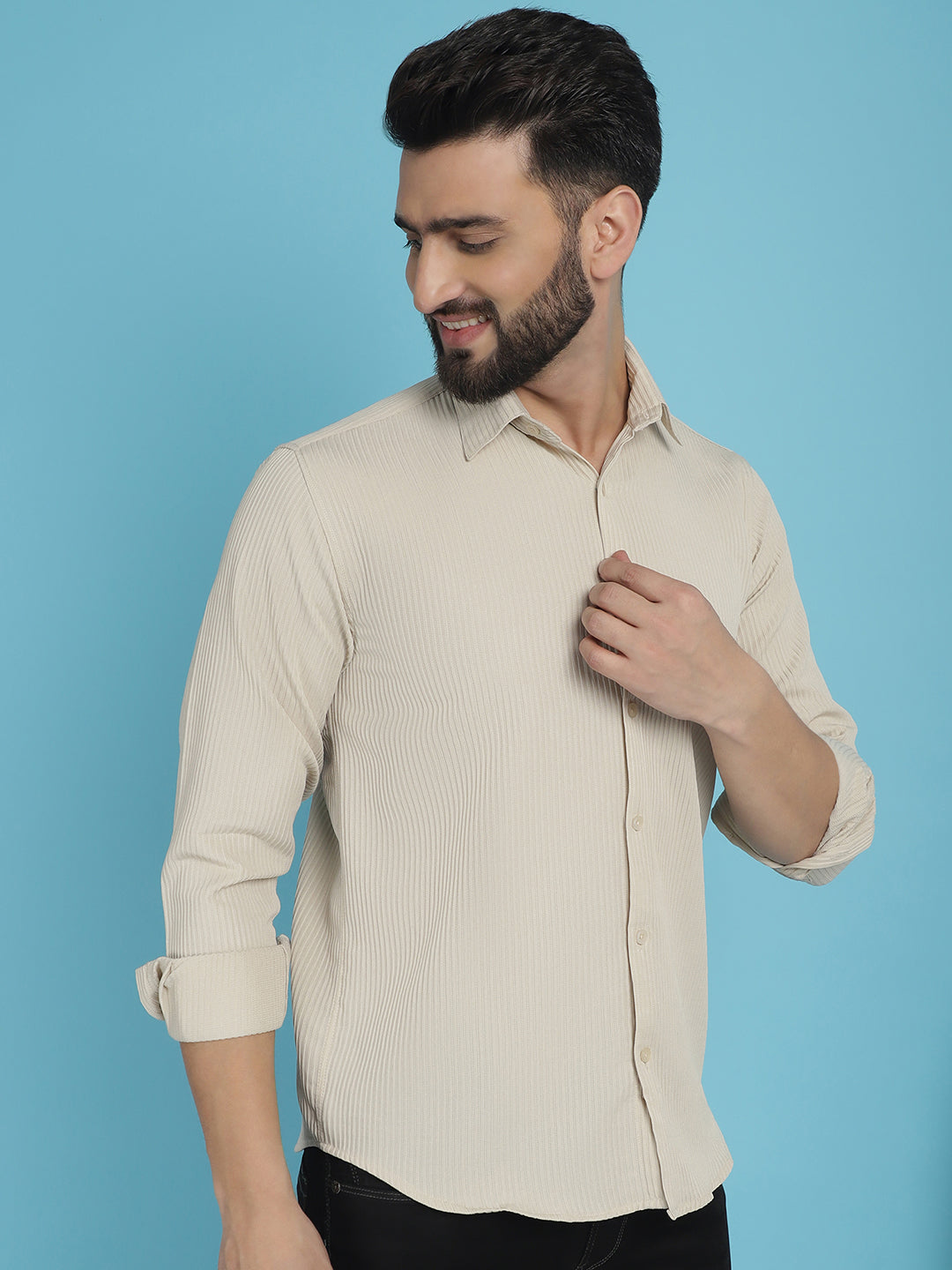 Indian Needle Men's Striped Casual Shirt - Cream