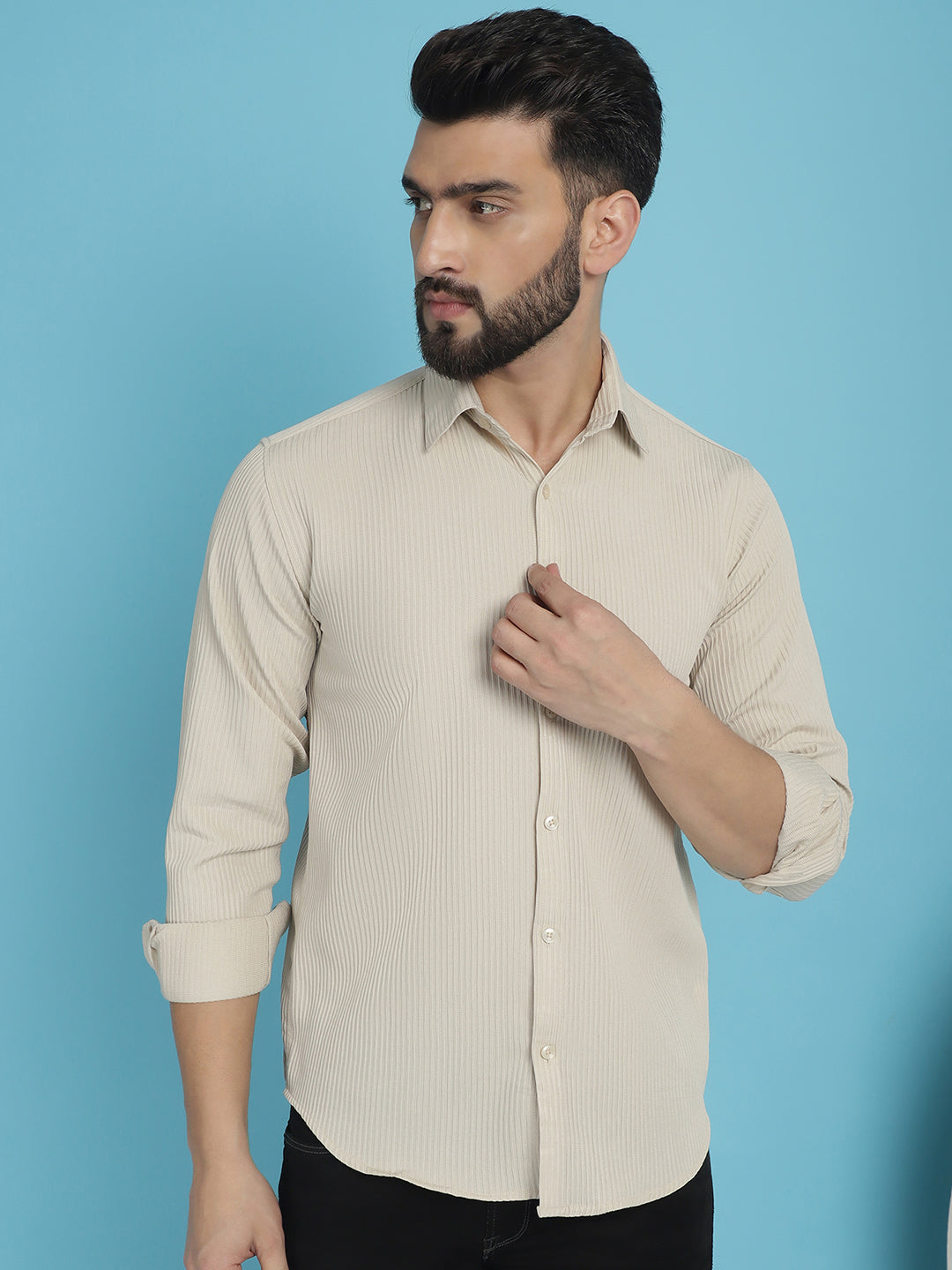Indian Needle Men's Striped Casual Shirt - Cream
