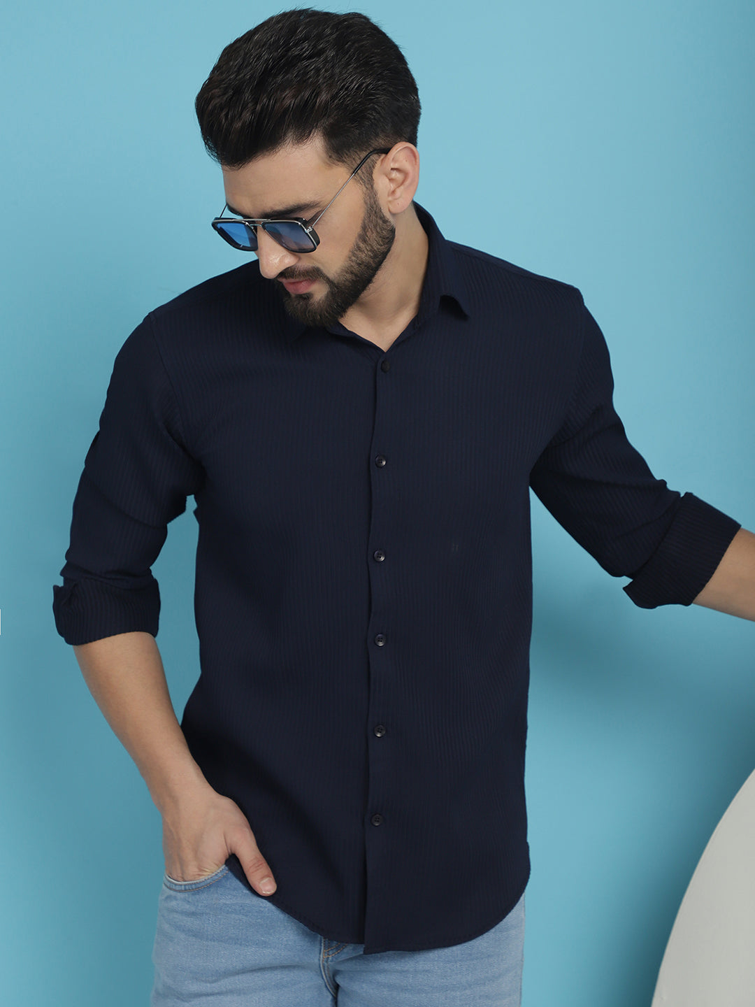 Indian Needle Men's Striped Casual Shirt - Navy Blue