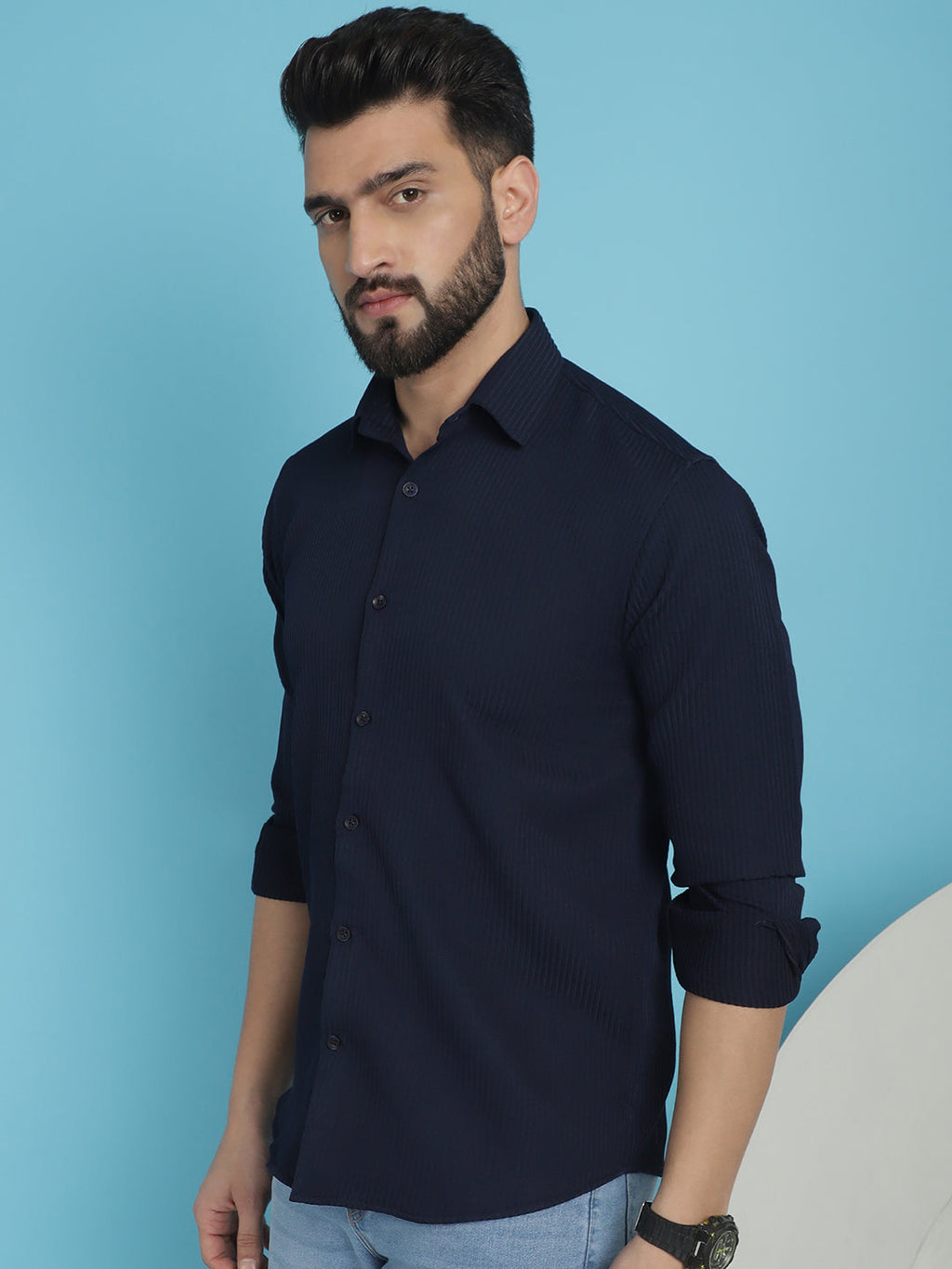 Indian Needle Men's Striped Casual Shirt - Navy Blue