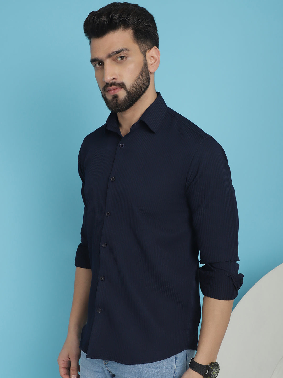 Indian Needle Men's Striped Casual Shirt - Navy Blue