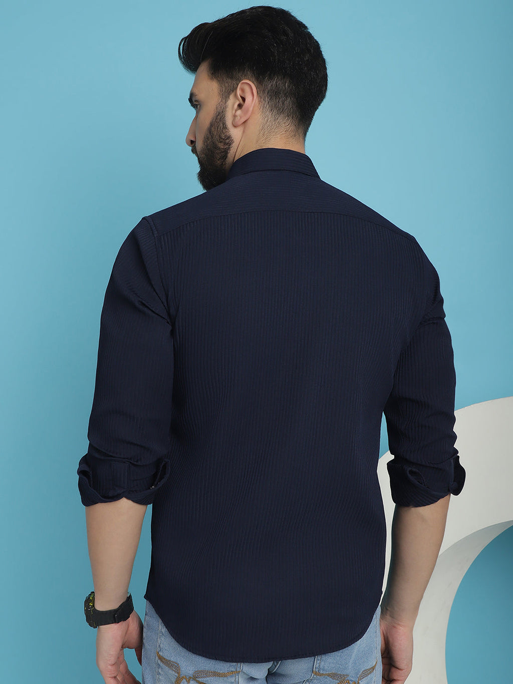 Indian Needle Men's Striped Casual Shirt - Navy Blue