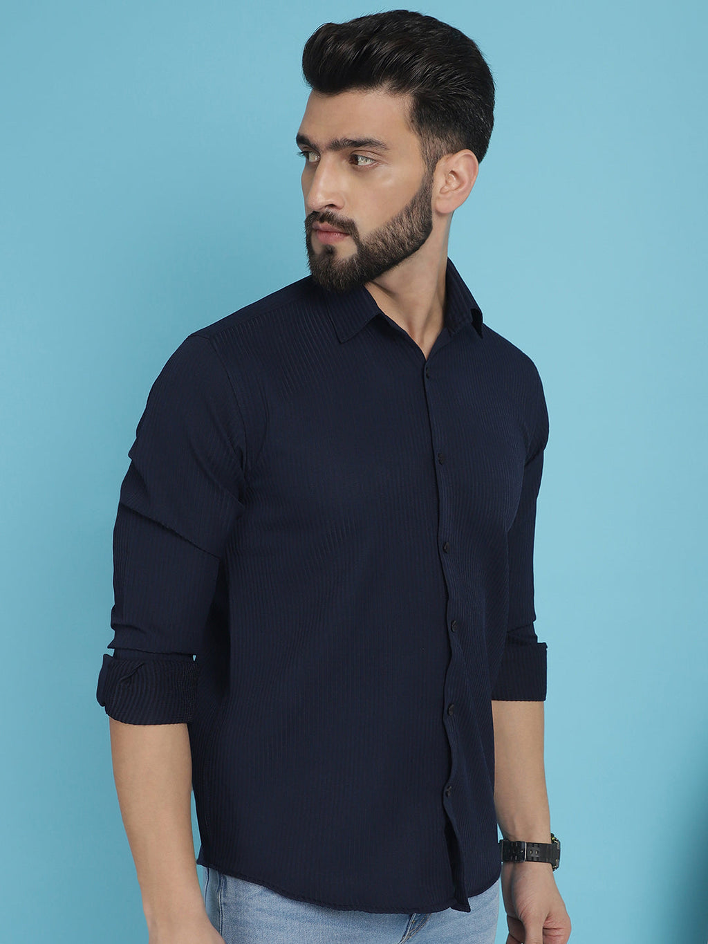 Indian Needle Men's Striped Casual Shirt - Navy Blue