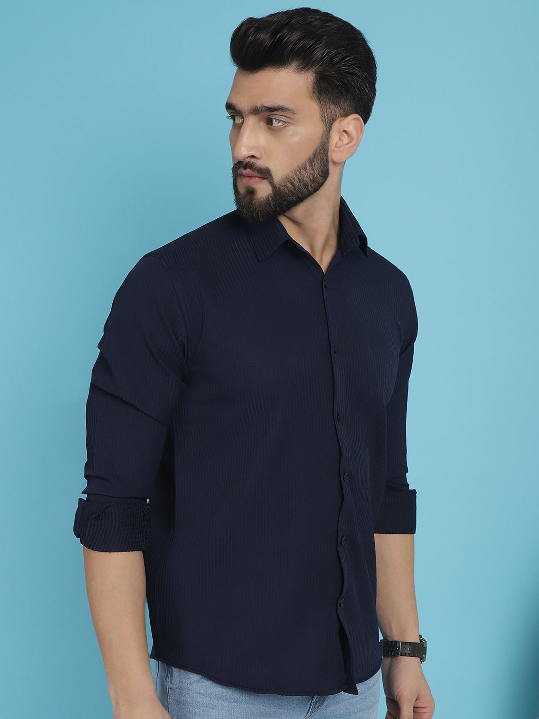 Indian Needle Men's Striped Casual Shirt - Navy Blue