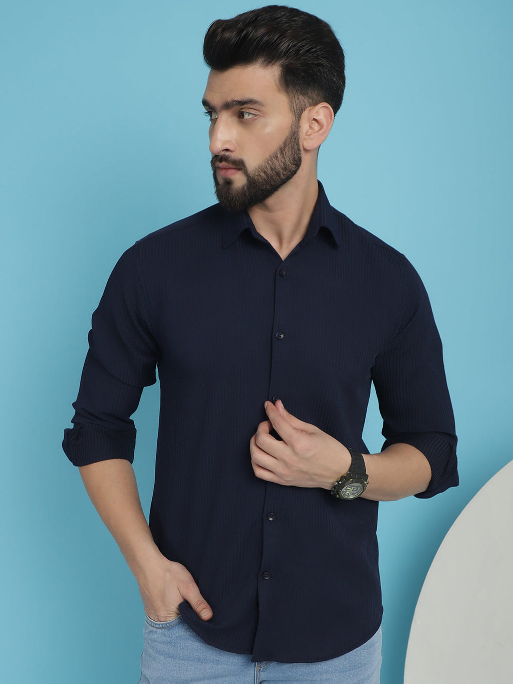 Indian Needle Men's Striped Casual Shirt - Navy Blue