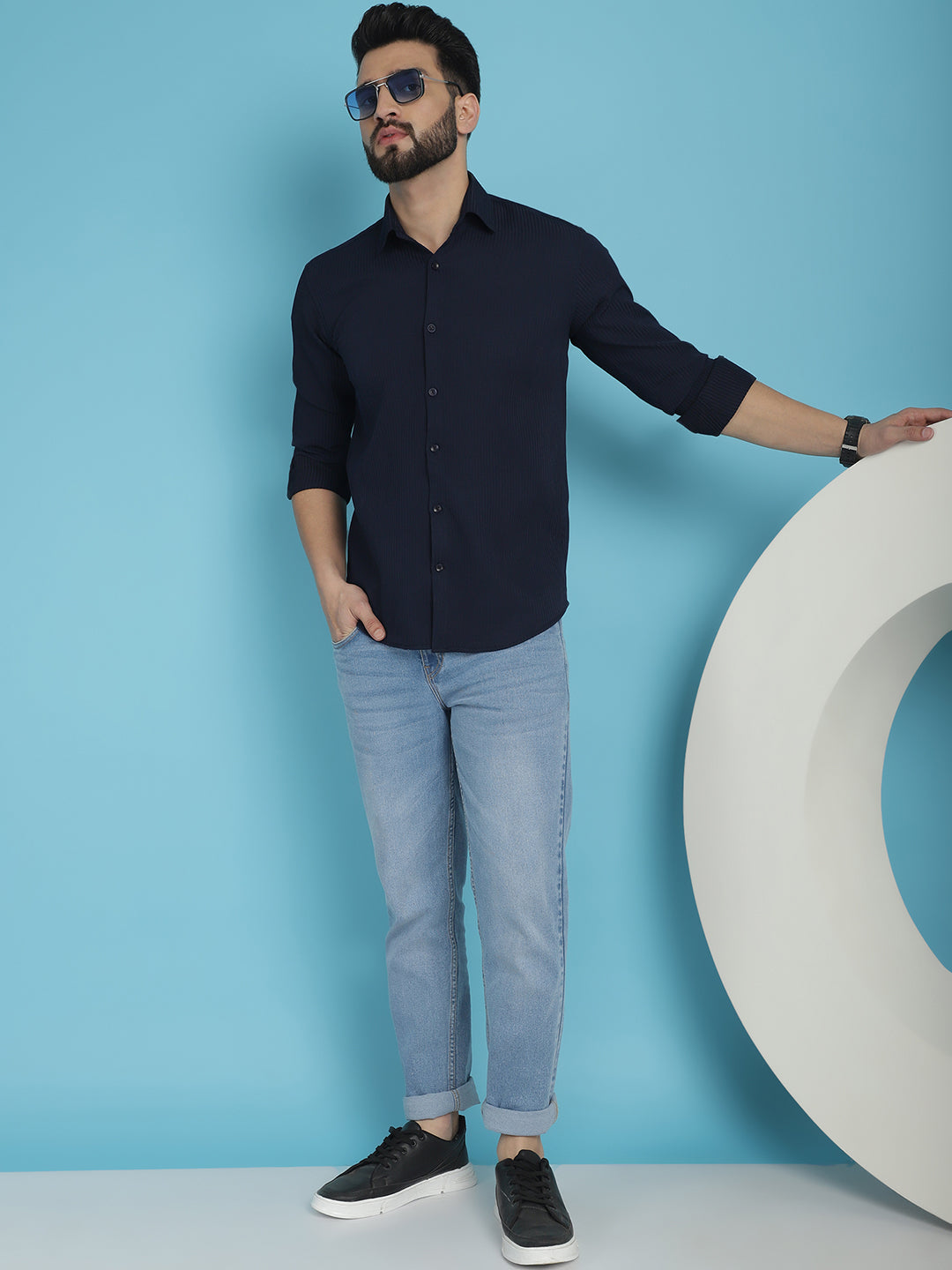 Indian Needle Men's Striped Casual Shirt - Navy Blue