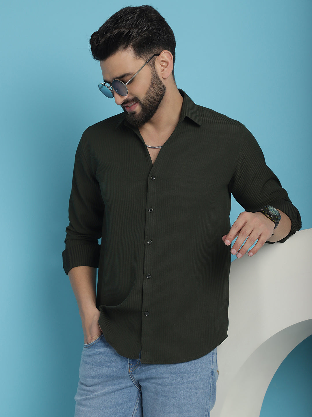 Indian Needle Men's Striped Casual Shirt - Olive