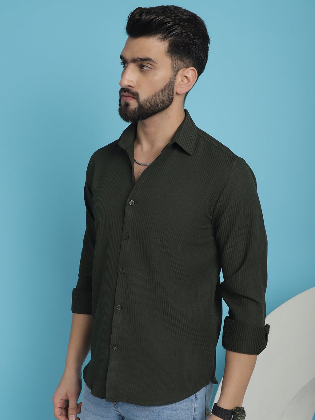 Indian Needle Men's Striped Casual Shirt - Olive