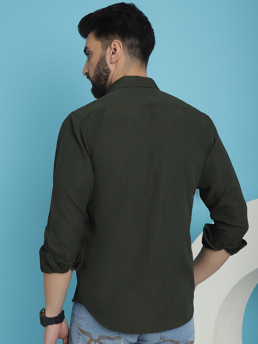 Indian Needle Men's Striped Casual Shirt - Olive