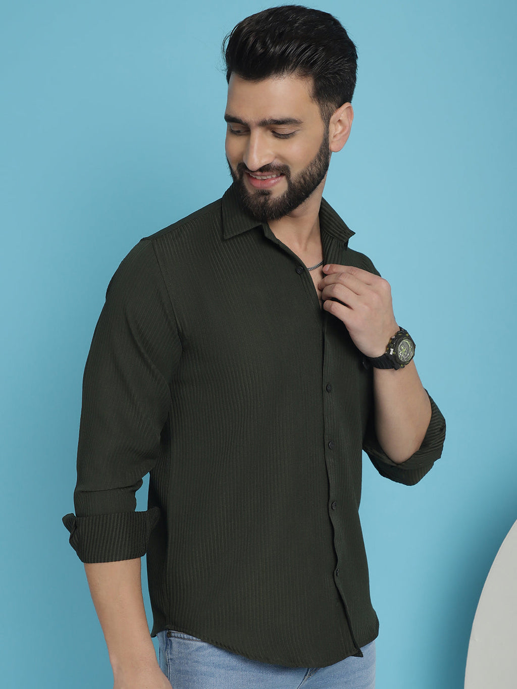 Indian Needle Men's Striped Casual Shirt - Olive
