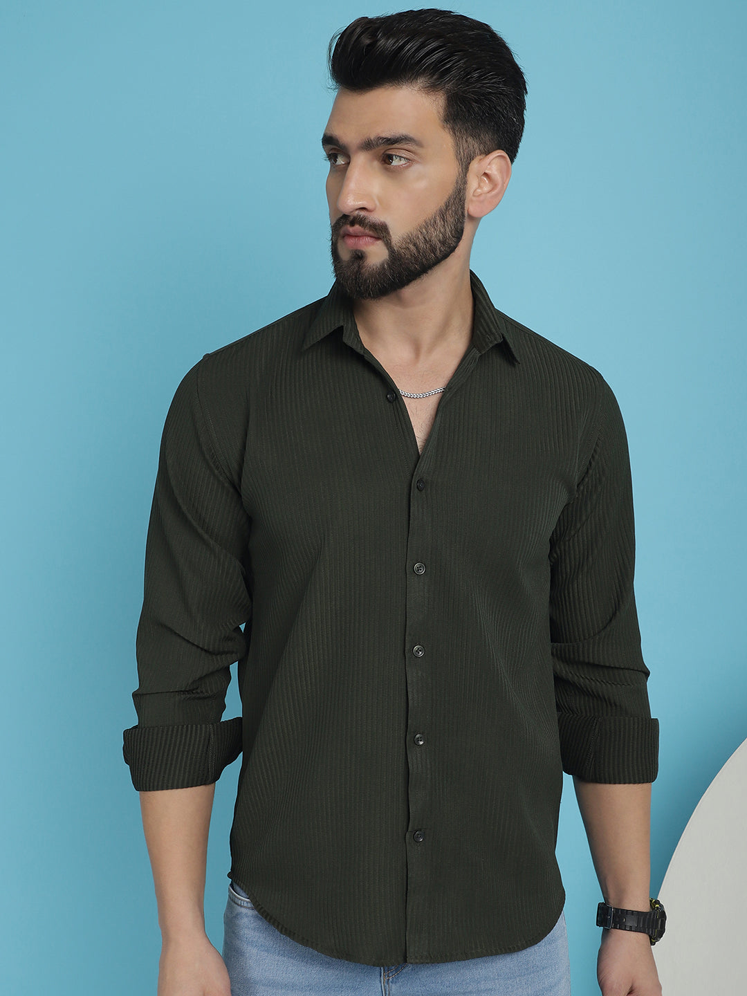Indian Needle Men's Striped Casual Shirt - Olive