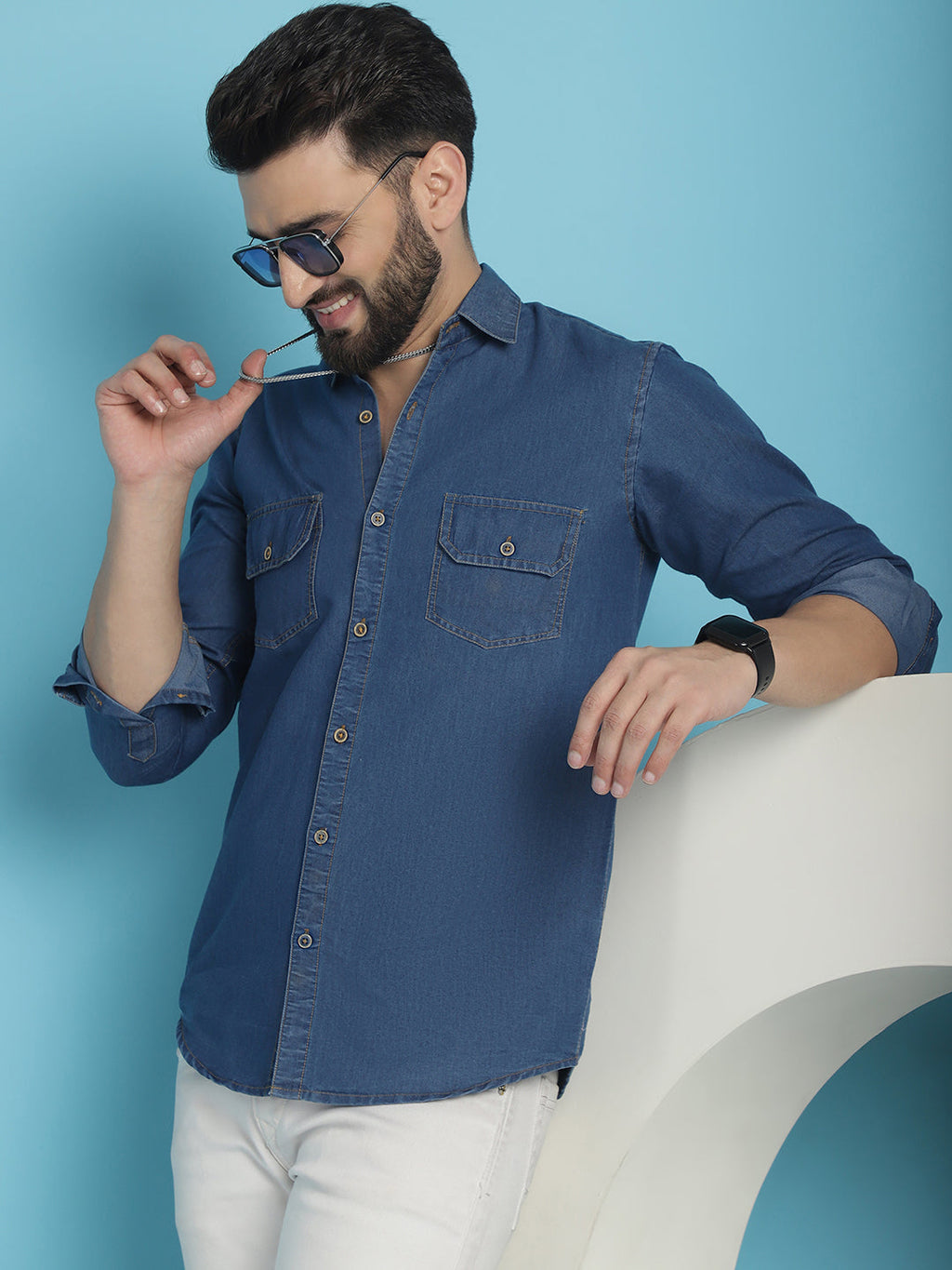 Indian Needle Men's Faded Cotton Denim Casual Shirt - Blue