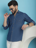 Indian Needle Men's Faded Cotton Denim Casual Shirt - Blue