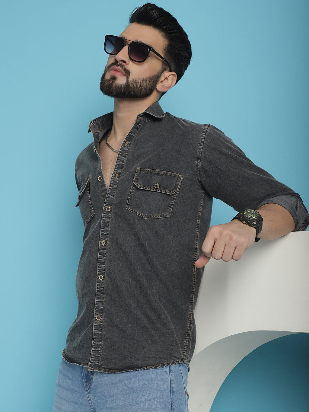 Indian Needle Men's Faded Cotton Denim Casual Shirt - Charcoal