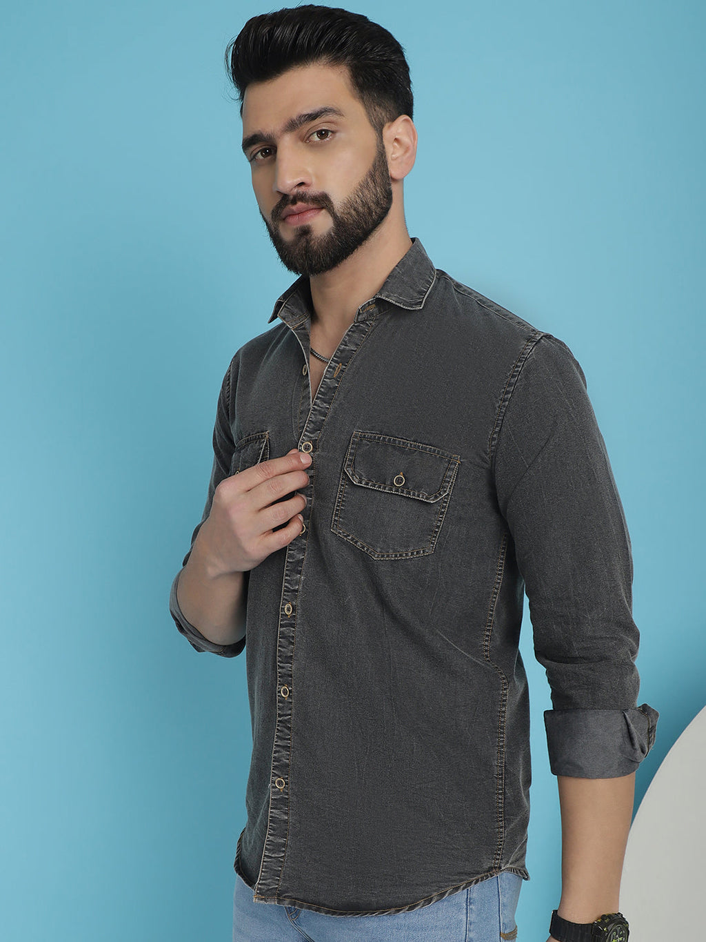 Indian Needle Men's Faded Cotton Denim Casual Shirt - Charcoal