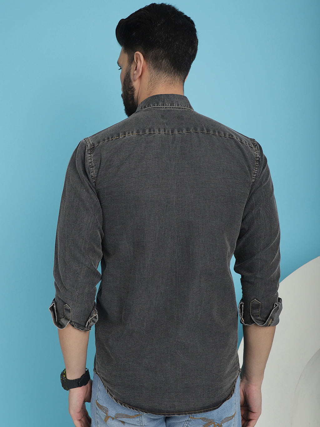 Indian Needle Men's Faded Cotton Denim Casual Shirt - Charcoal