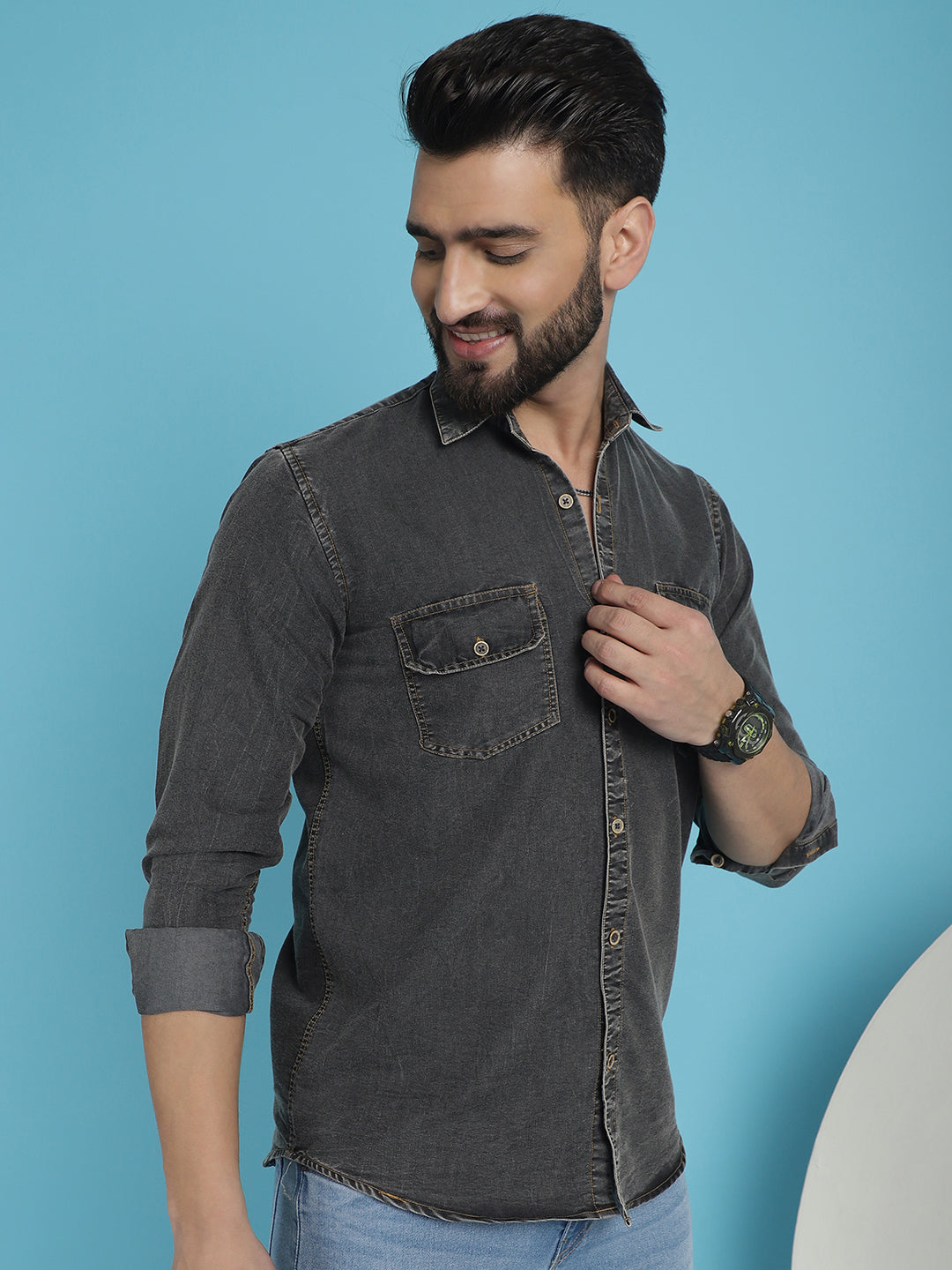 Indian Needle Men's Faded Cotton Denim Casual Shirt - Charcoal