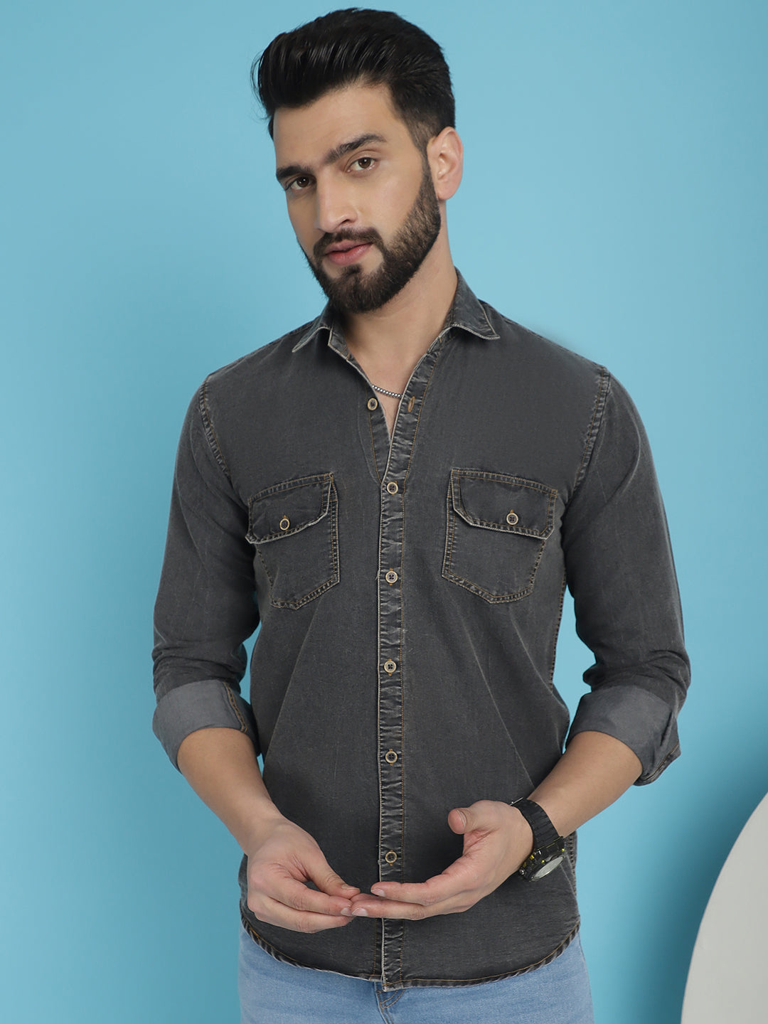 Indian Needle Men's Faded Cotton Denim Casual Shirt - Charcoal