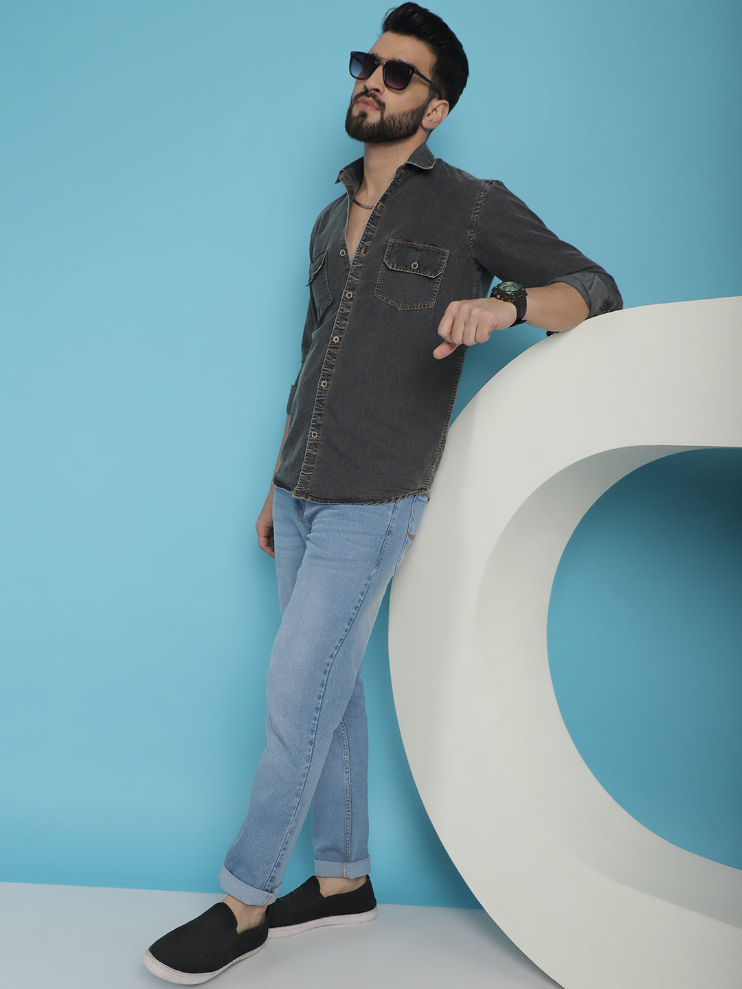 Indian Needle Men's Faded Cotton Denim Casual Shirt - Charcoal