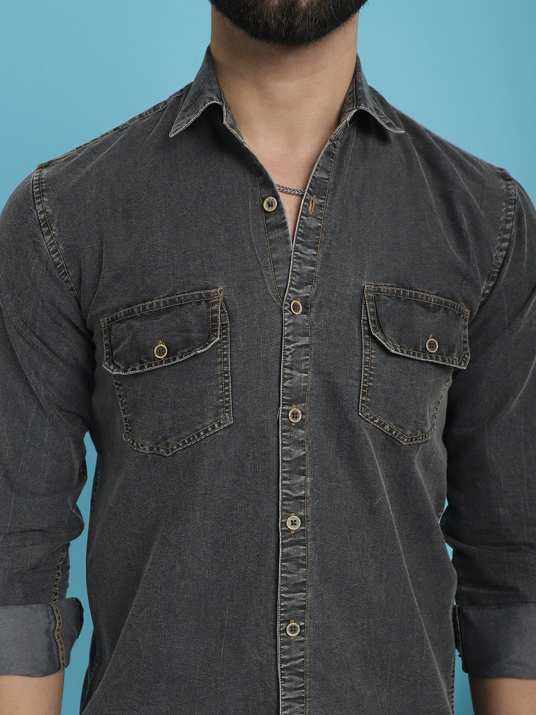 Indian Needle Men's Faded Cotton Denim Casual Shirt - Charcoal