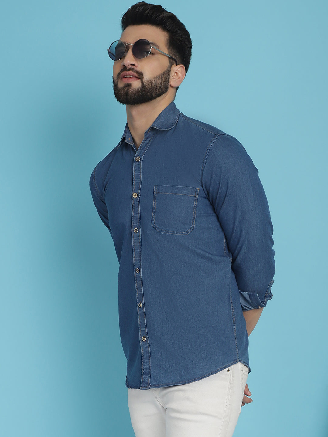 Indian Needle Men's Faded Cotton Denim Casual Shirt - Blue