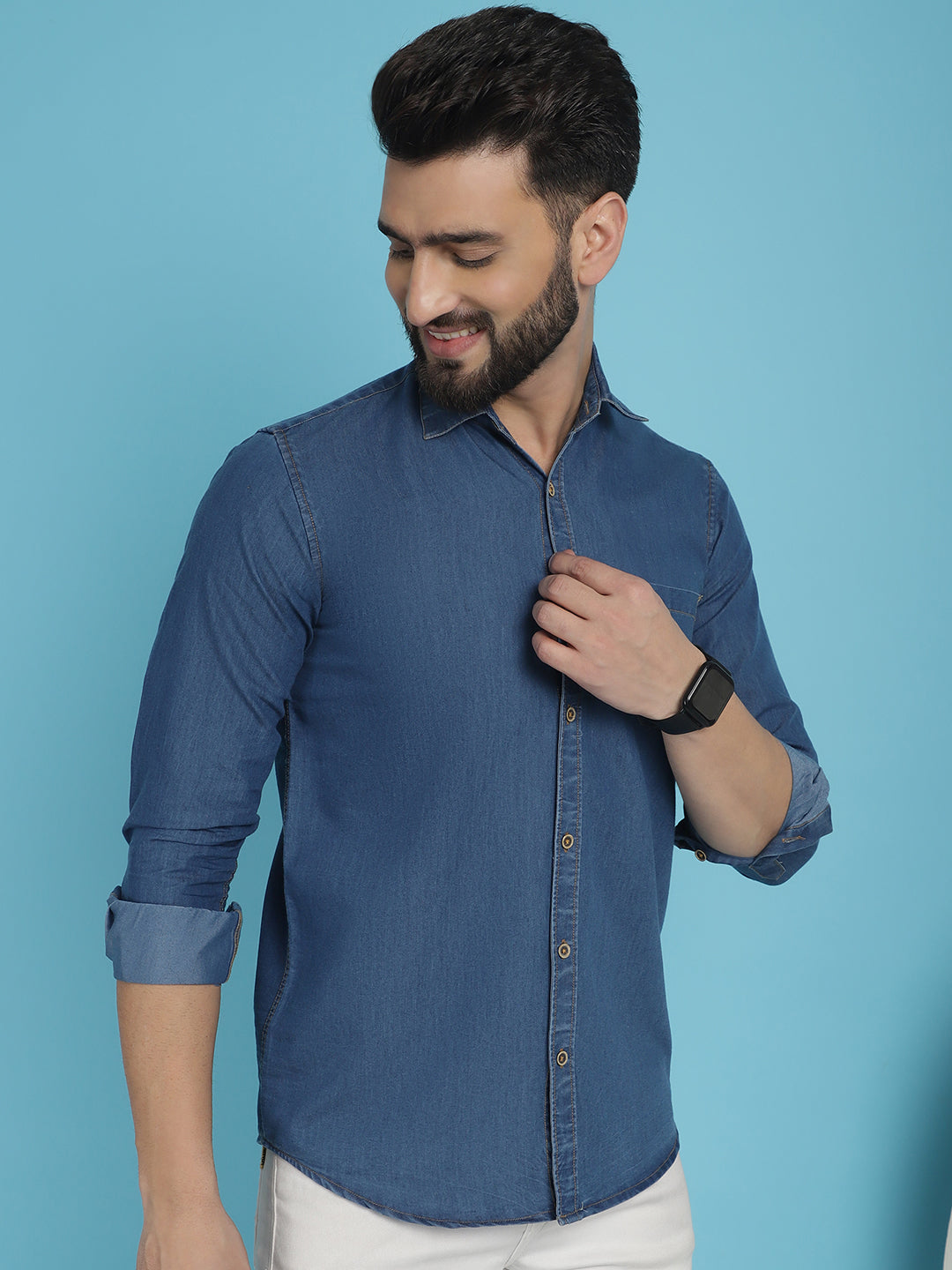 Indian Needle Men's Faded Cotton Denim Casual Shirt - Blue