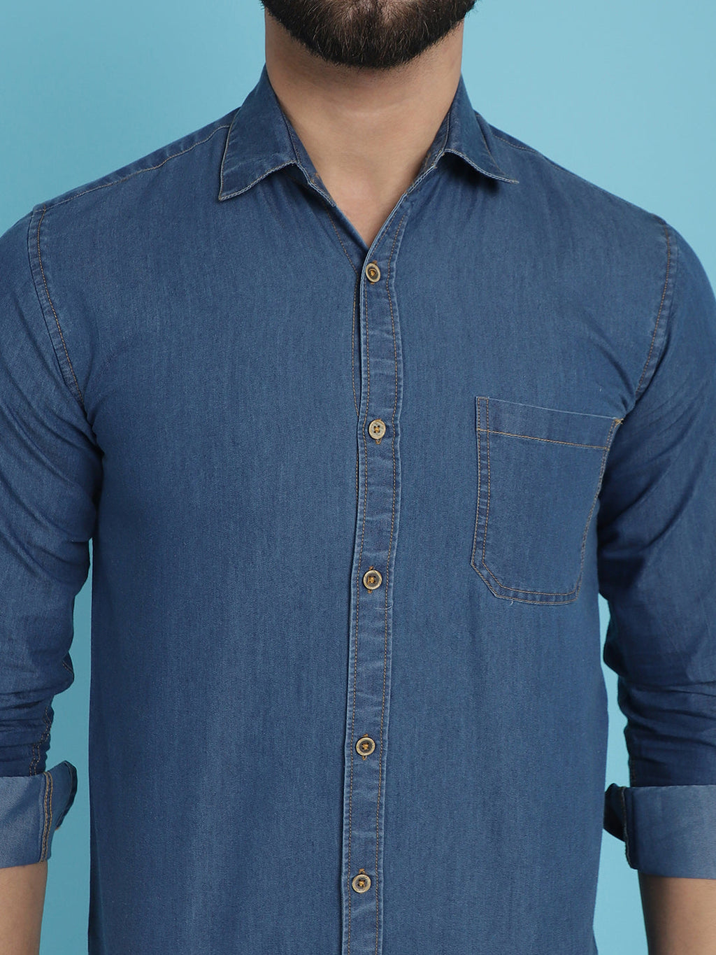Indian Needle Men's Faded Cotton Denim Casual Shirt - Blue