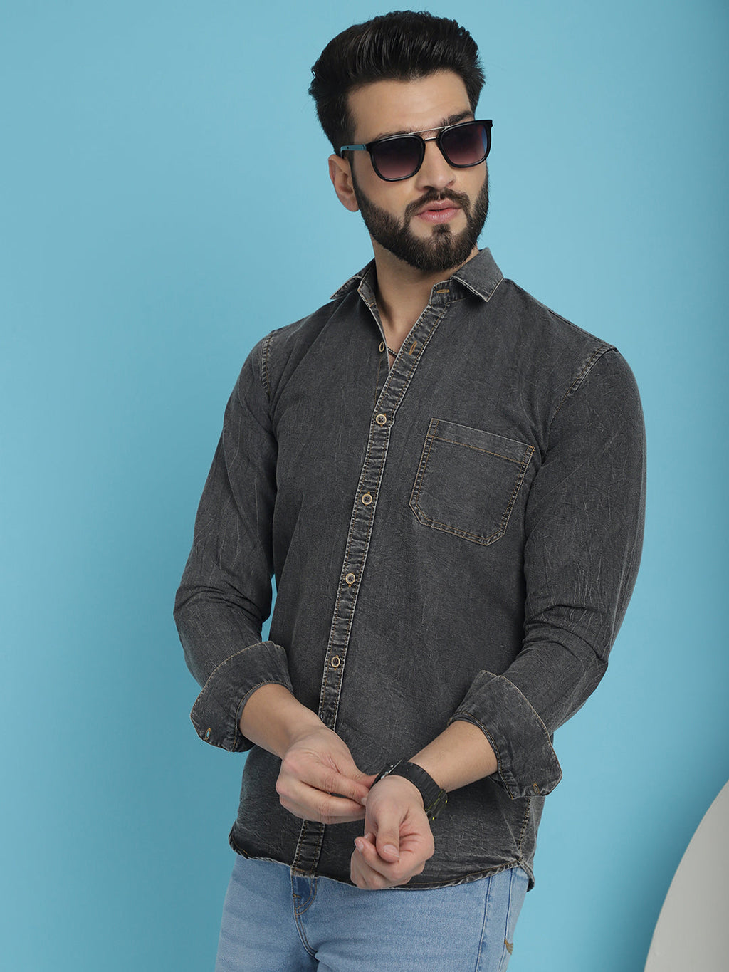 Indian Needle Men's Faded Cotton Denim Casual Shirt - Charcoal
