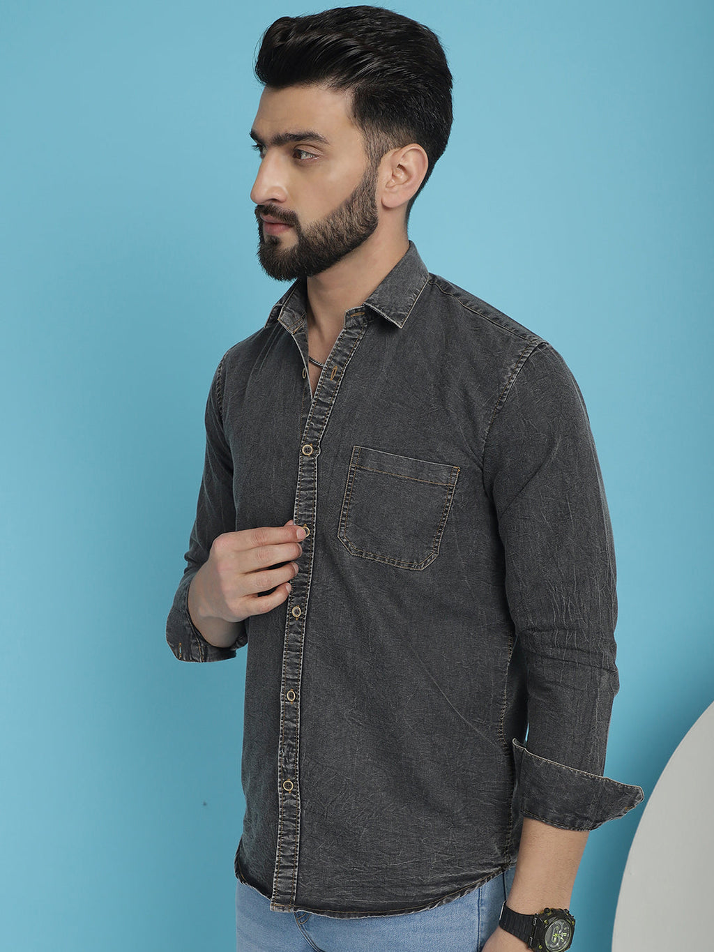 Indian Needle Men's Faded Cotton Denim Casual Shirt - Charcoal
