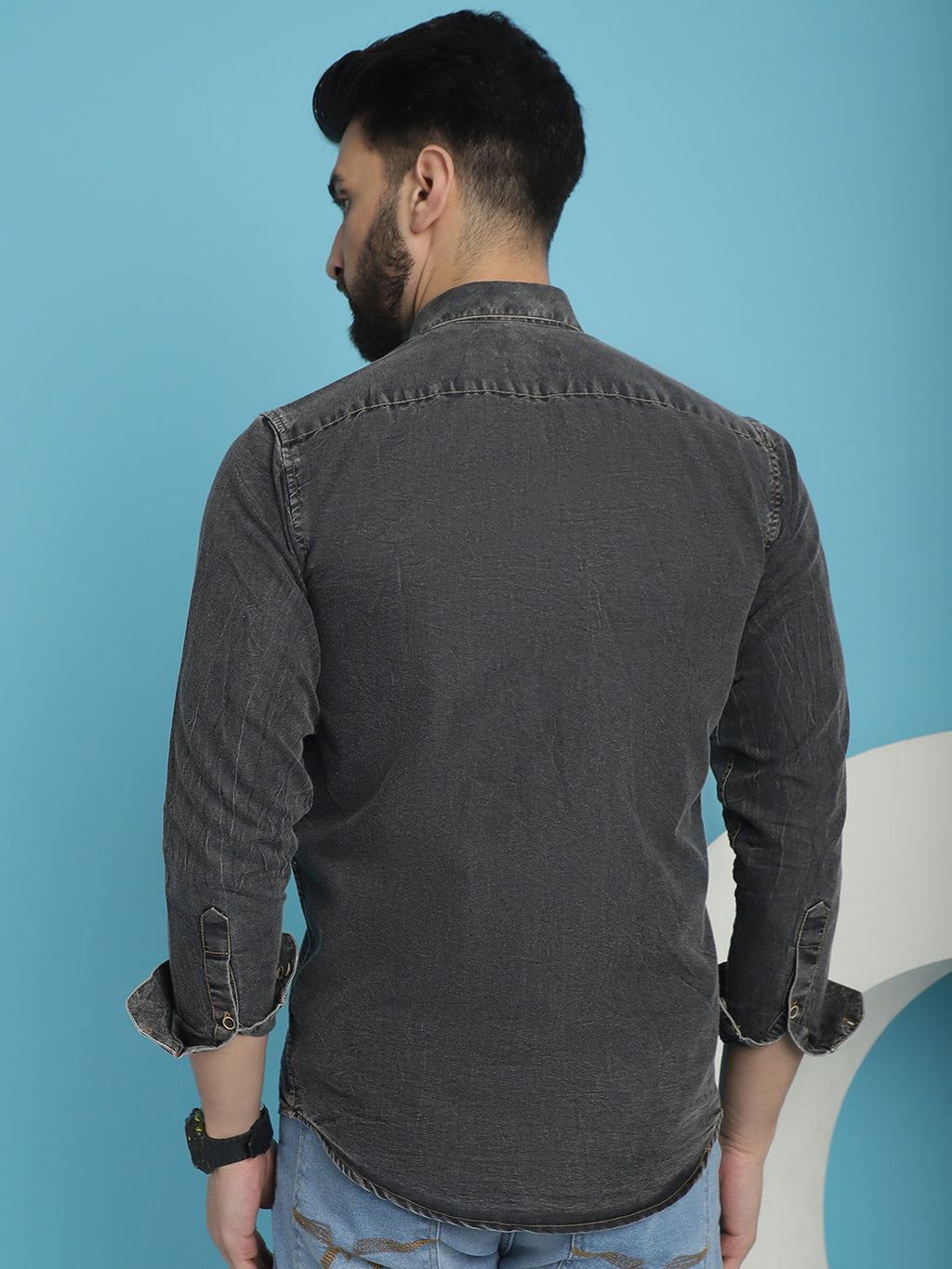 Indian Needle Men's Faded Cotton Denim Casual Shirt - Charcoal