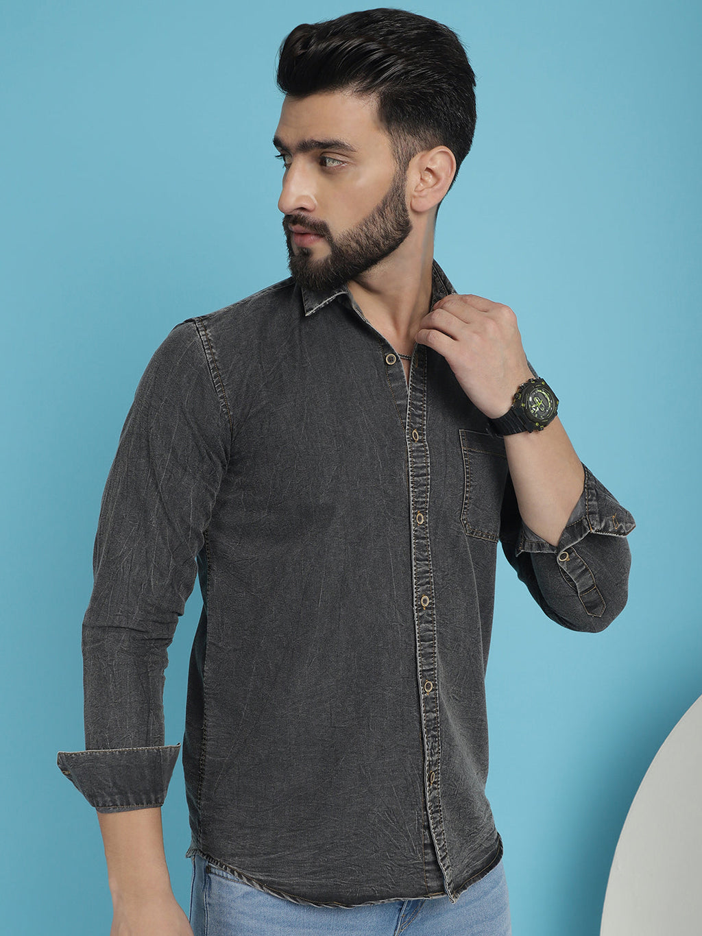 Indian Needle Men's Faded Cotton Denim Casual Shirt - Charcoal