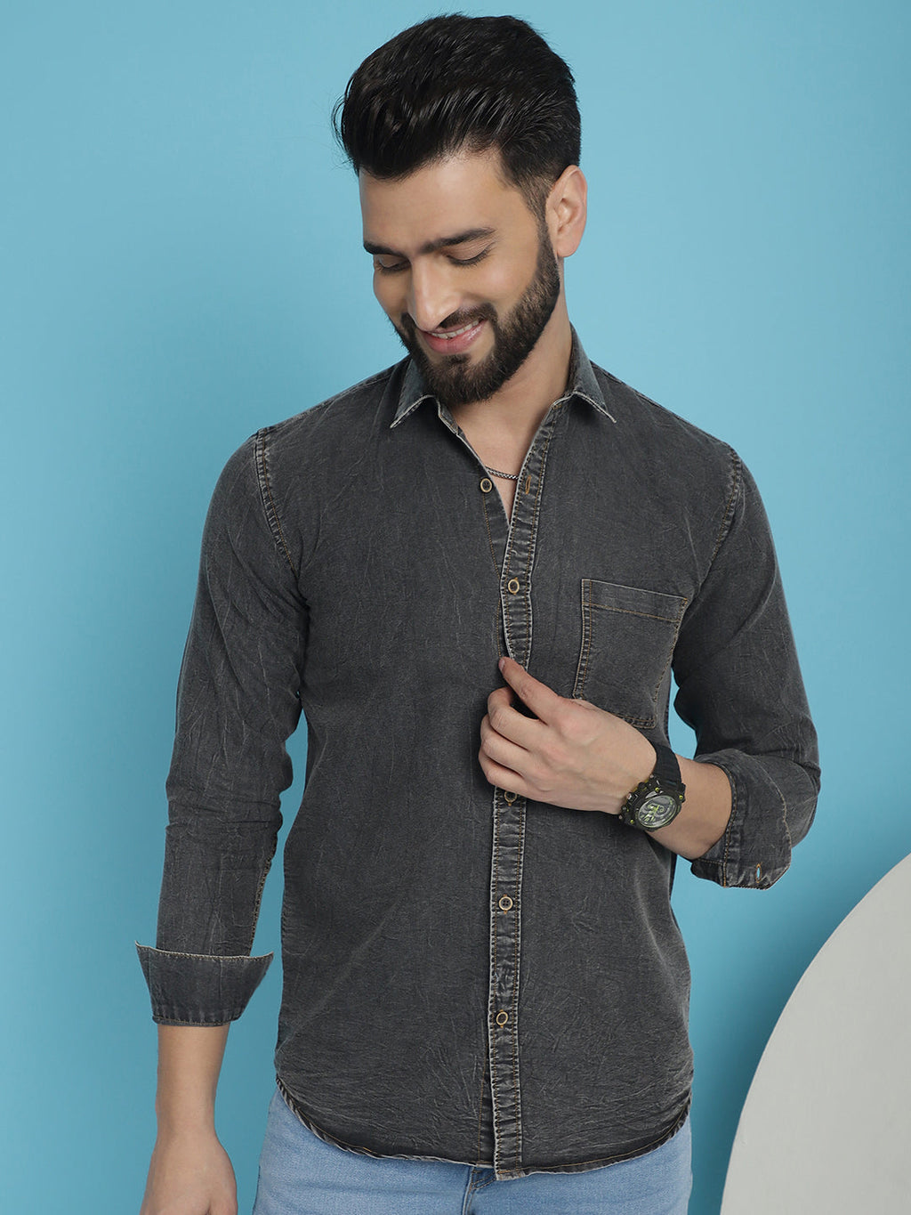 Indian Needle Men's Faded Cotton Denim Casual Shirt - Charcoal