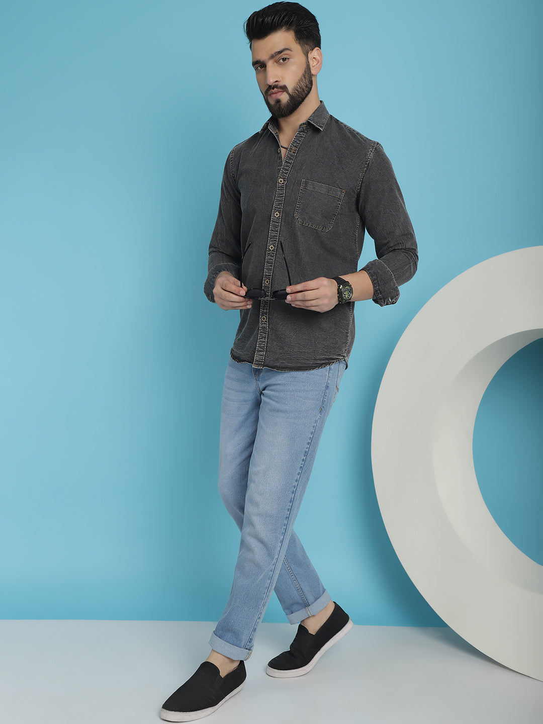 Indian Needle Men's Faded Cotton Denim Casual Shirt - Charcoal