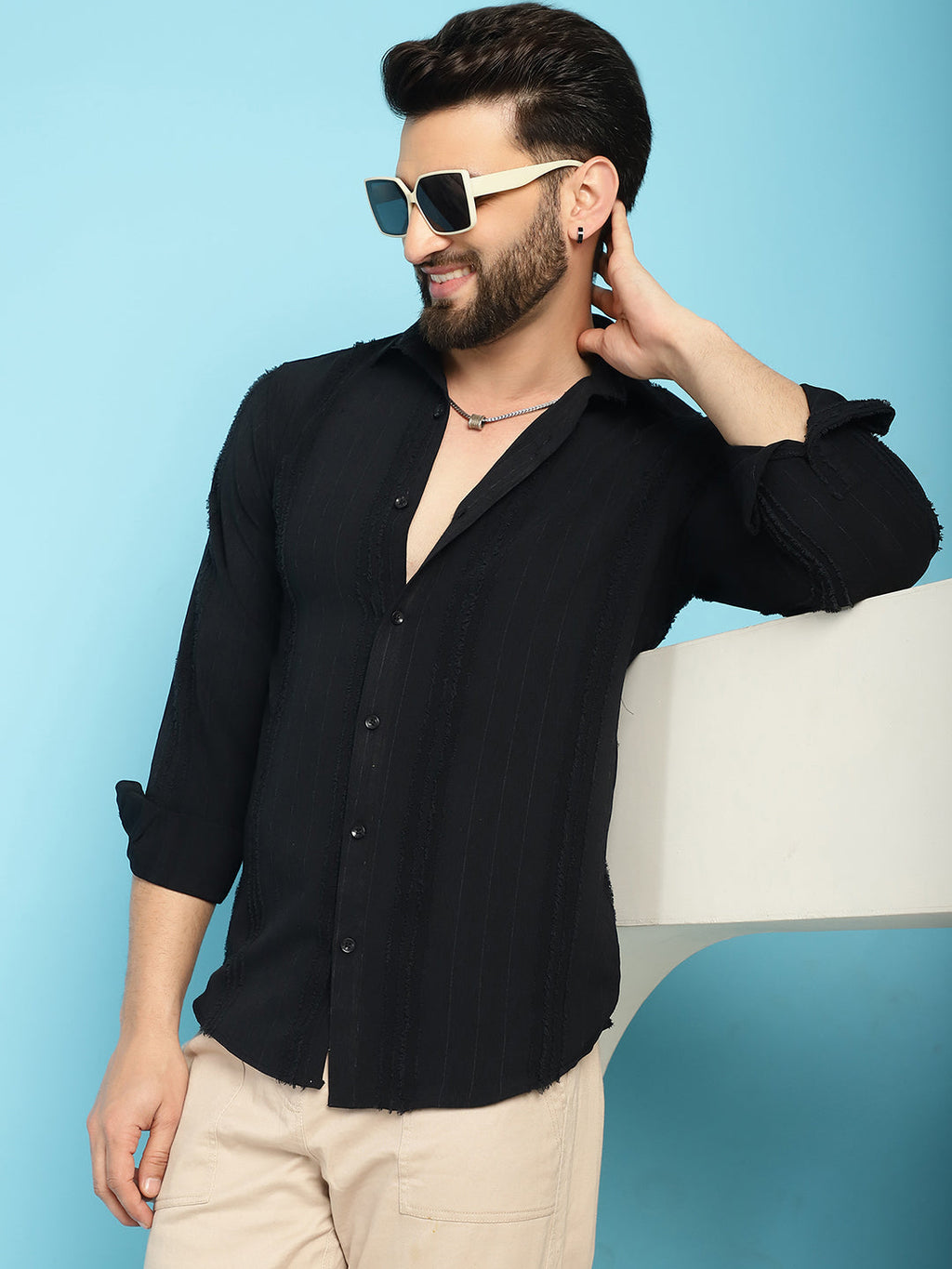 Indian Needle Men's Self Design Casual Shirt - Black