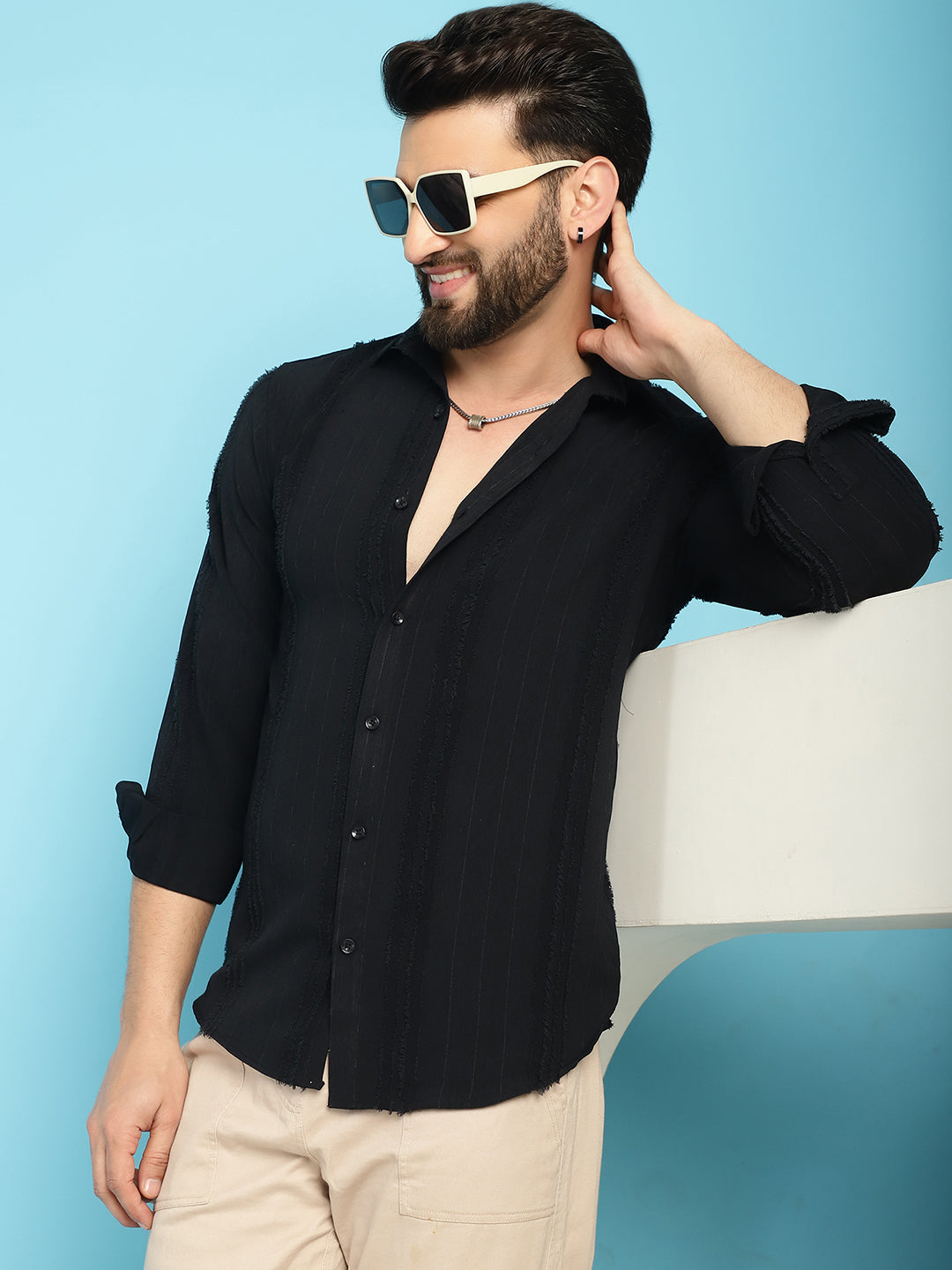 Indian Needle Men's Self Design Casual Shirt - Black