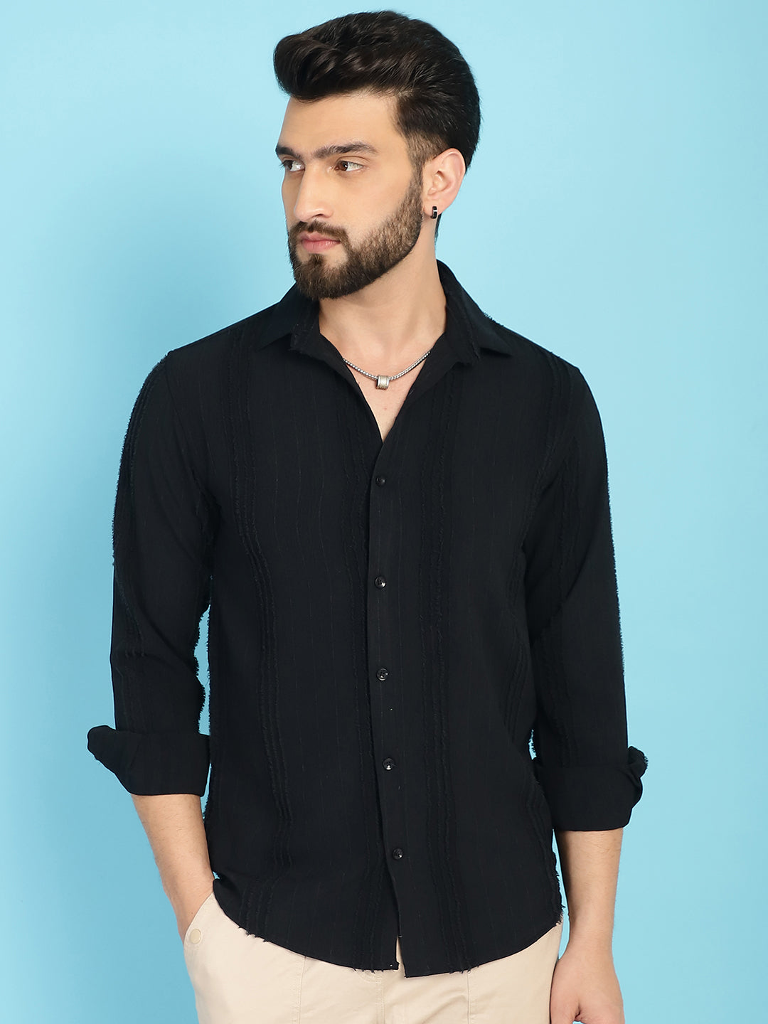 Indian Needle Men's Self Design Casual Shirt - Black