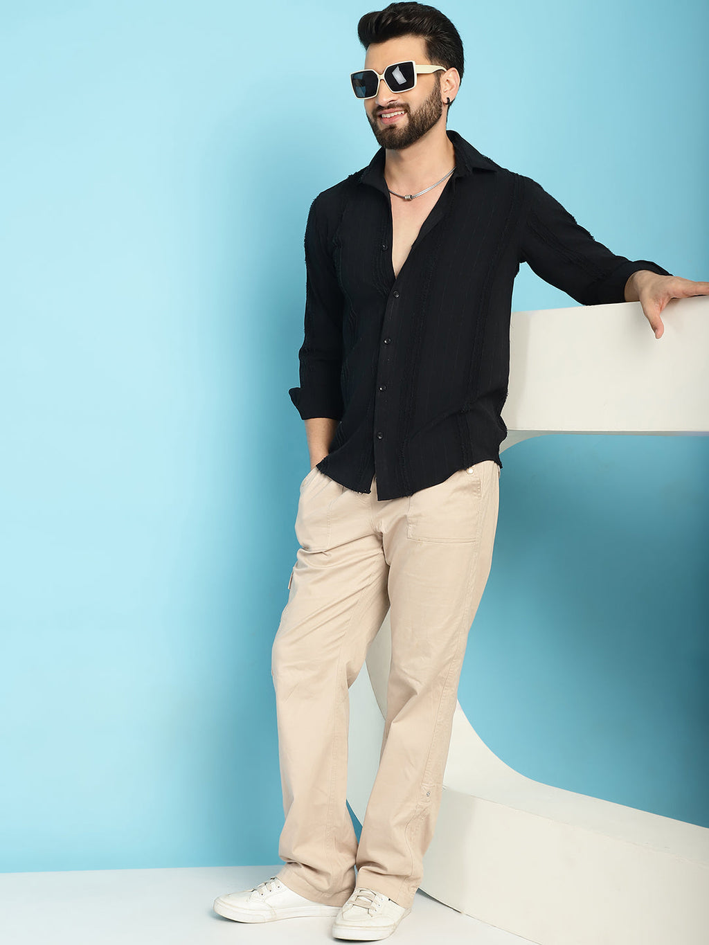 Indian Needle Men's Self Design Casual Shirt - Black