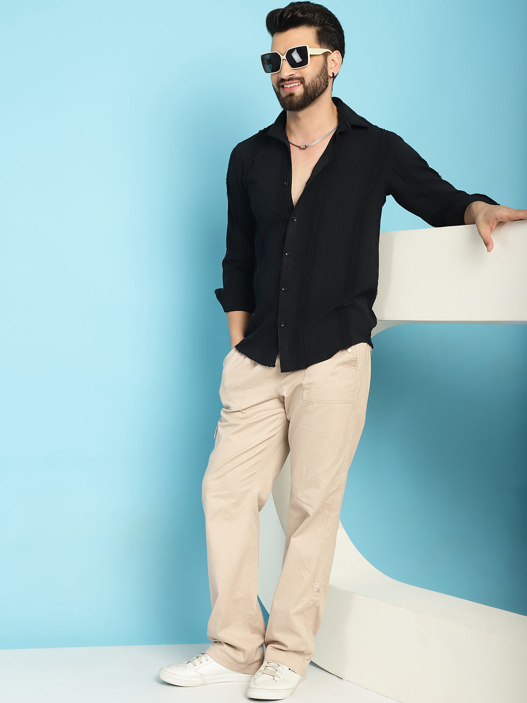 Indian Needle Men's Self Design Casual Shirt - Black