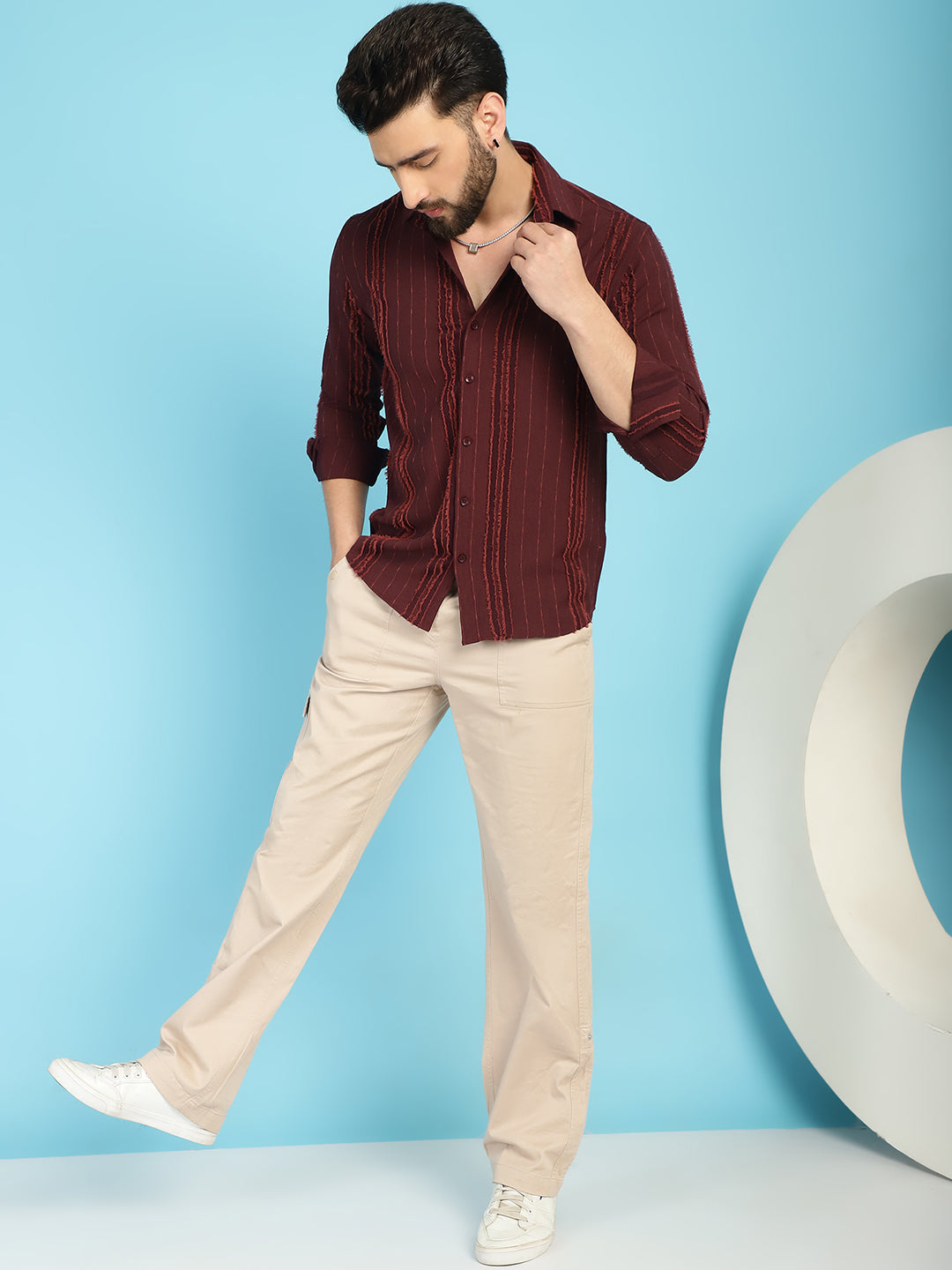 Indian Needle Men's Self Design Casual Shirt - Brown