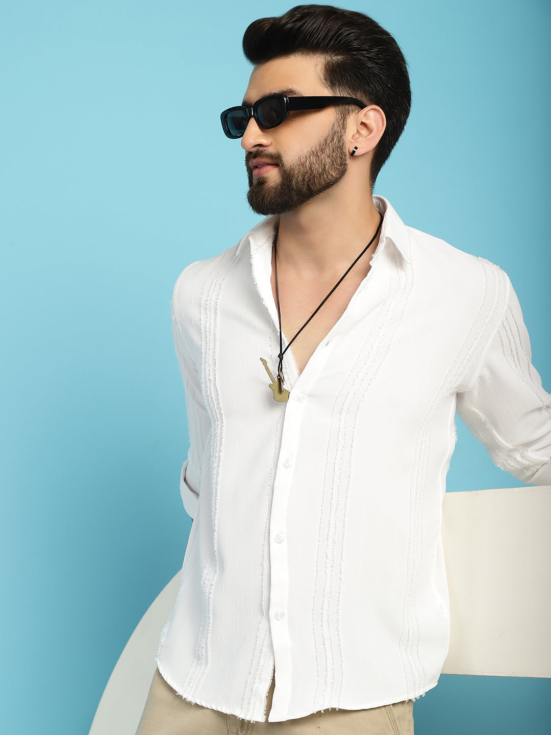 Indian Needle Men's Self Design Casual Shirt - White