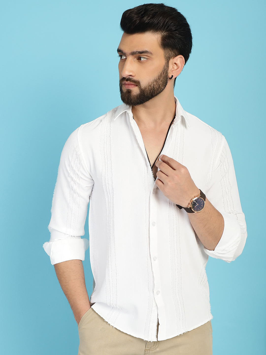 Indian Needle Men's Self Design Casual Shirt - White