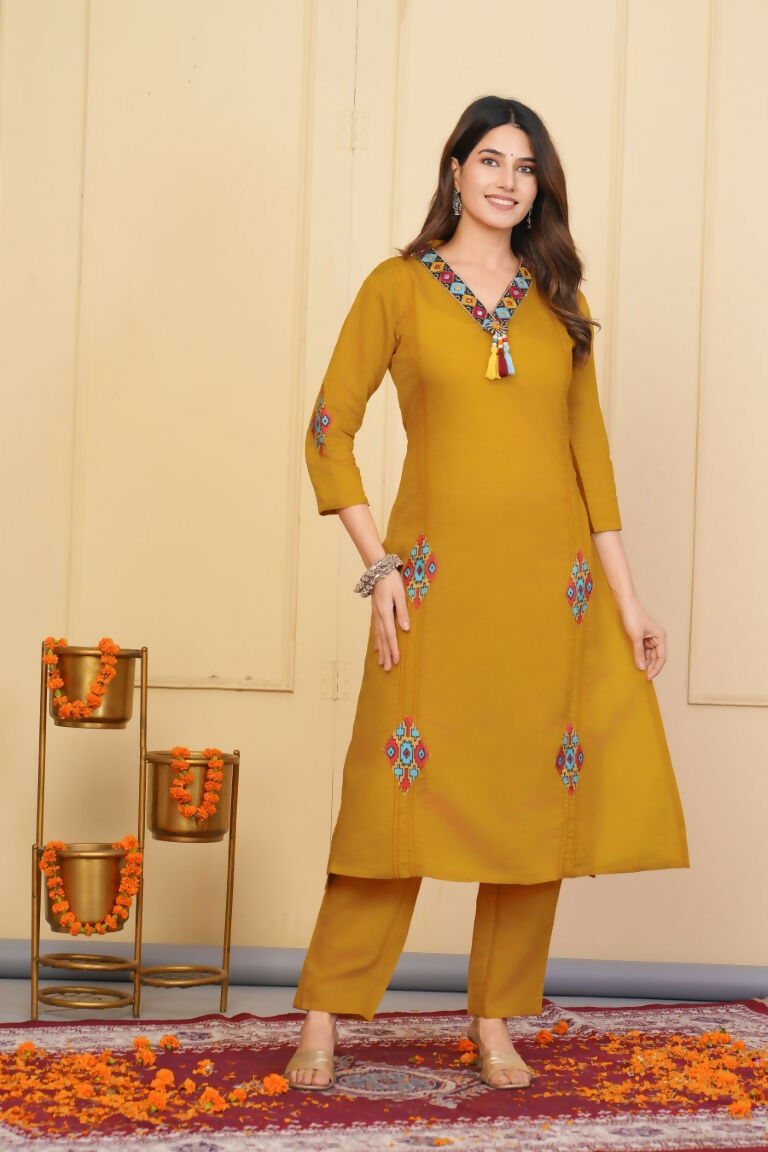 Mustered Viscose Chanderi Embroidered Stitched Suit With Dupatta - Tanisha