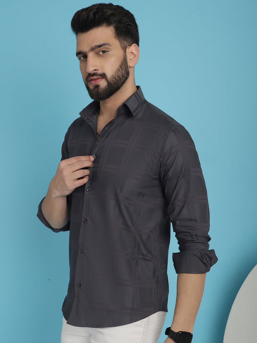 Indian Needle Men's Charcoal Grey Checked Casual Shirt